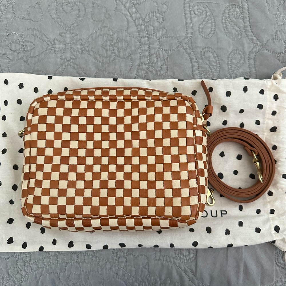 Clare V. Midi Sac in Creme and Brown Woven Checker
